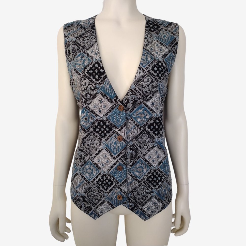 Vintage 1990s Beaded Blue Geometric Patchwork Style Cotton Vest Size S